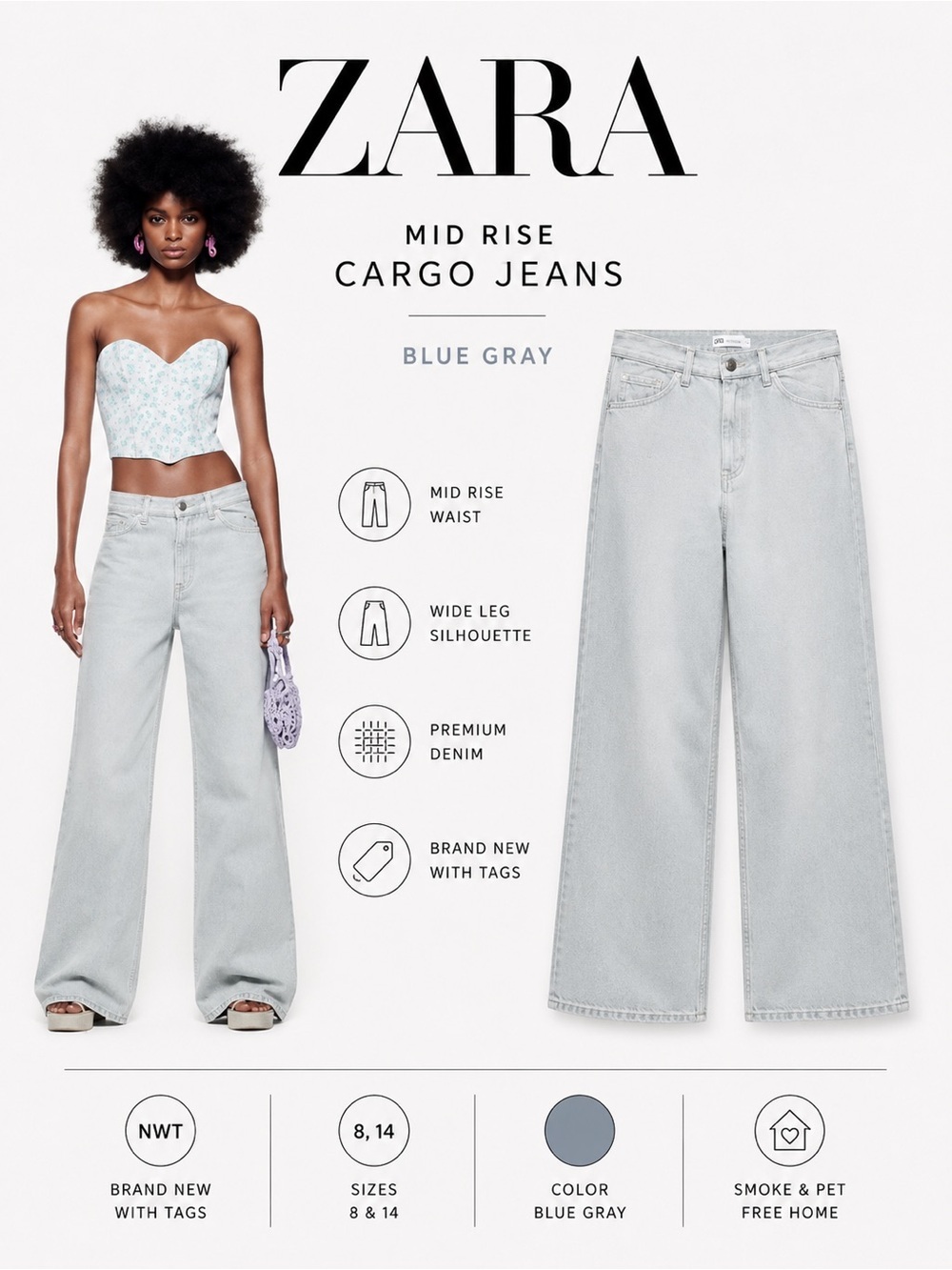 ZARA Blue Gray Mid Rise Cargo Wide Leg Jeans NWT Sizes 8 & 14